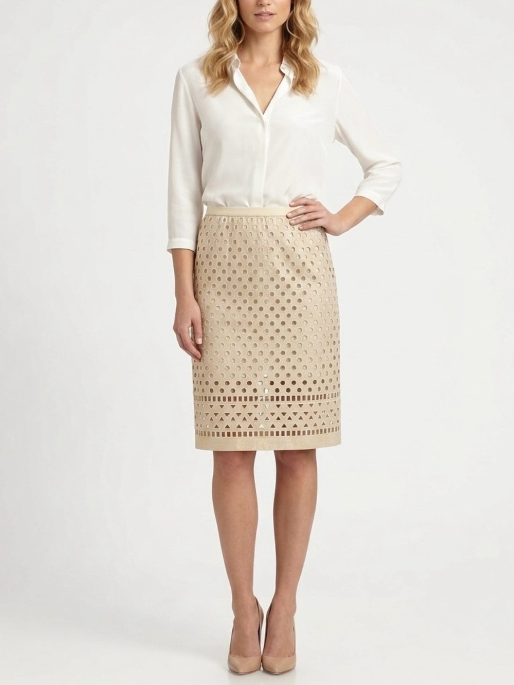 RED Valentino Eyelet Cutout Pencil Skirt Beige with Gold Shimmer - Size 4